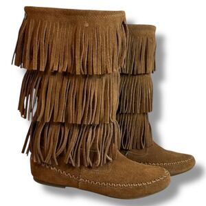 Makalu Women's 6.5 Brown Suede Fringe Boots Nalani Moccasin Boho Hippie Festival